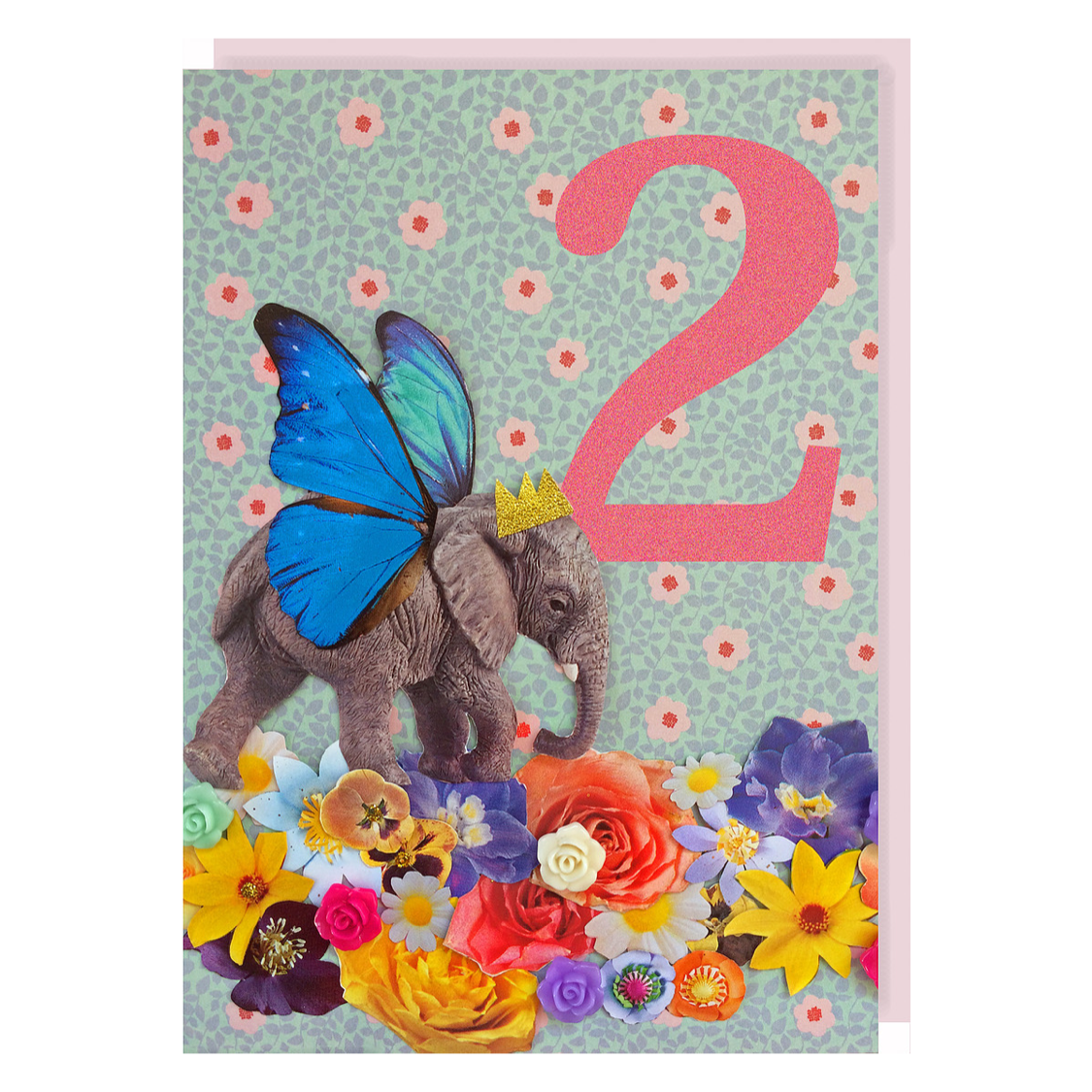 Collage Queen  Age 2 Birthday  Card Elephant with Wings 