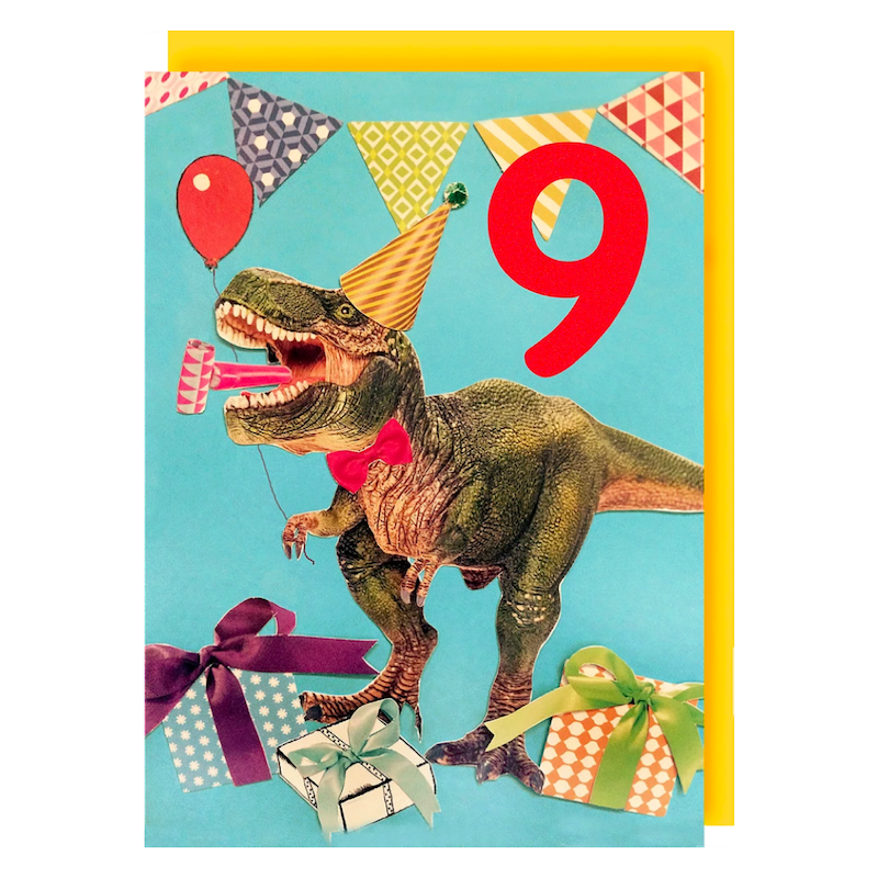 Collage Queen  Age 9 Birthday  Card T Rex Party 